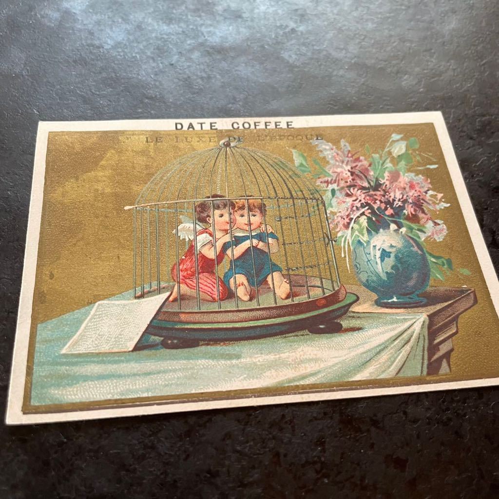 アンティーク　クロモカード　鳥籠　天使　エンジェル　可愛い　金彩　フランス　販促カード　クロモス　カード　ジャーナル_画像3