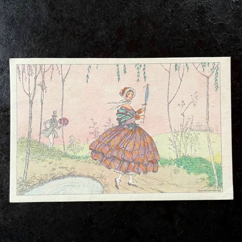 アンティーク　ポストカード　1922年消印　Mela Koehler メラ・ケーラー カップル　美しい女性　ドレス　パラソル　オーストリア　絵葉書_画像1