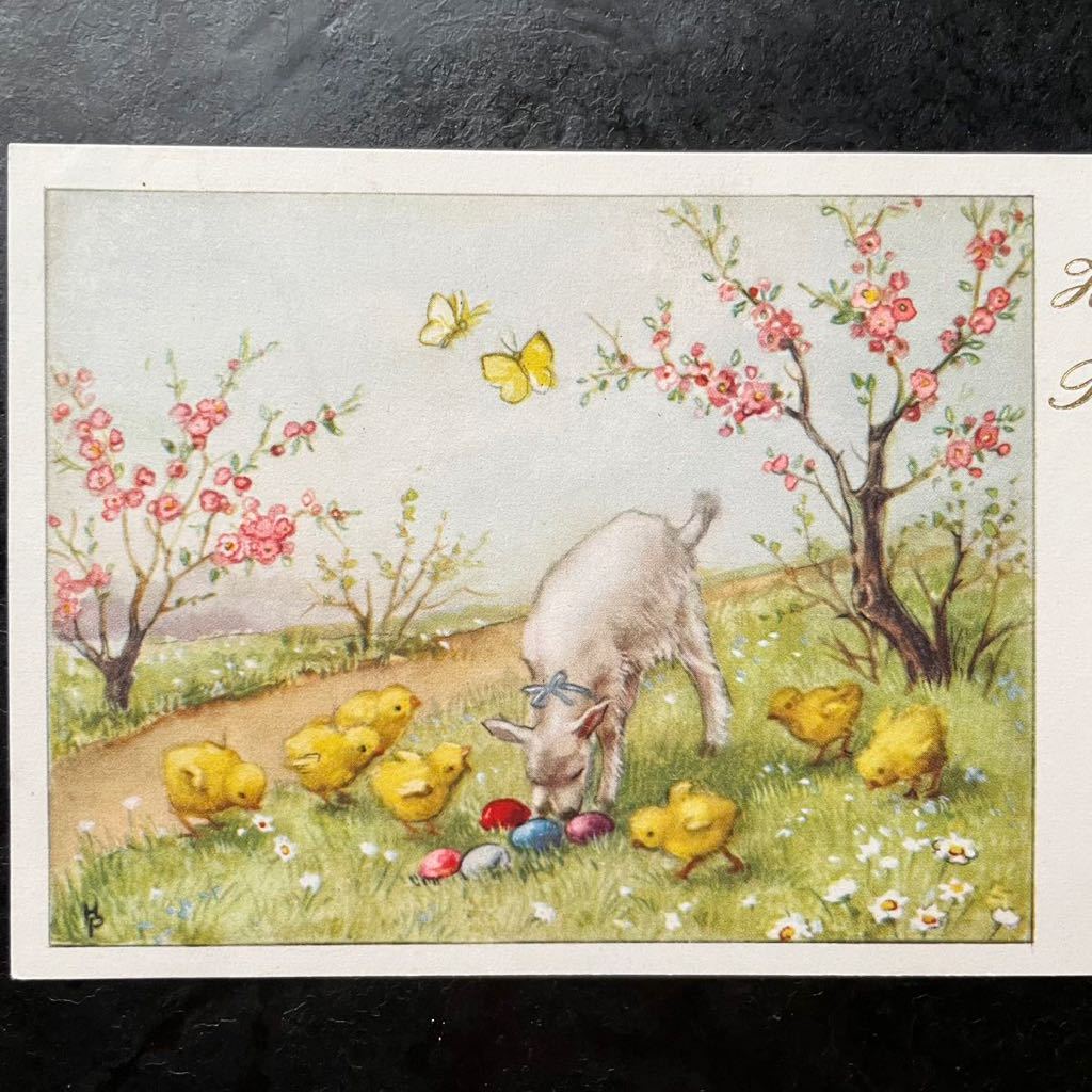 Hannes Petersen ピーターセン ★ アンティーク ヴィンテージ ポストカード　イースター　ヒヨコ　子羊　蝶　桜　フランス　絵葉書_画像2