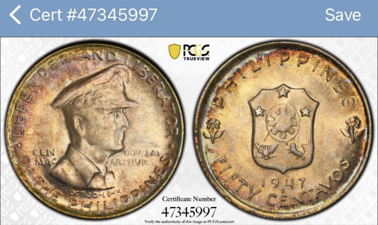 レインボートーン有 PCGS鑑定MS66 1947年 アメリカ米国領フィリピン共和国 ダグラス・マッカーサー 50センタボ 銀貨 シルバーコイン