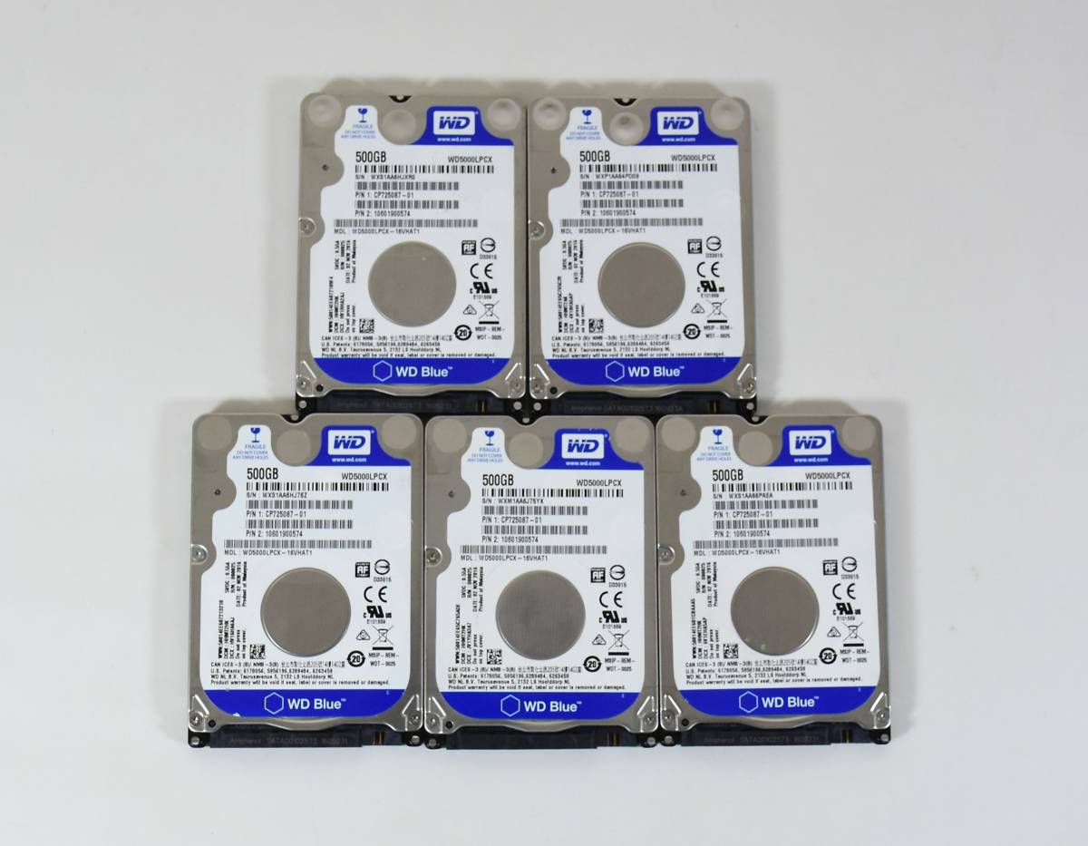 WD Blue HDD 500GB /5個セット/2.5インチ/SATA 600/5400 RPM/厚み7mm /動作確認済み, 健康状態正常，フォーマット済み/中古品_画像1