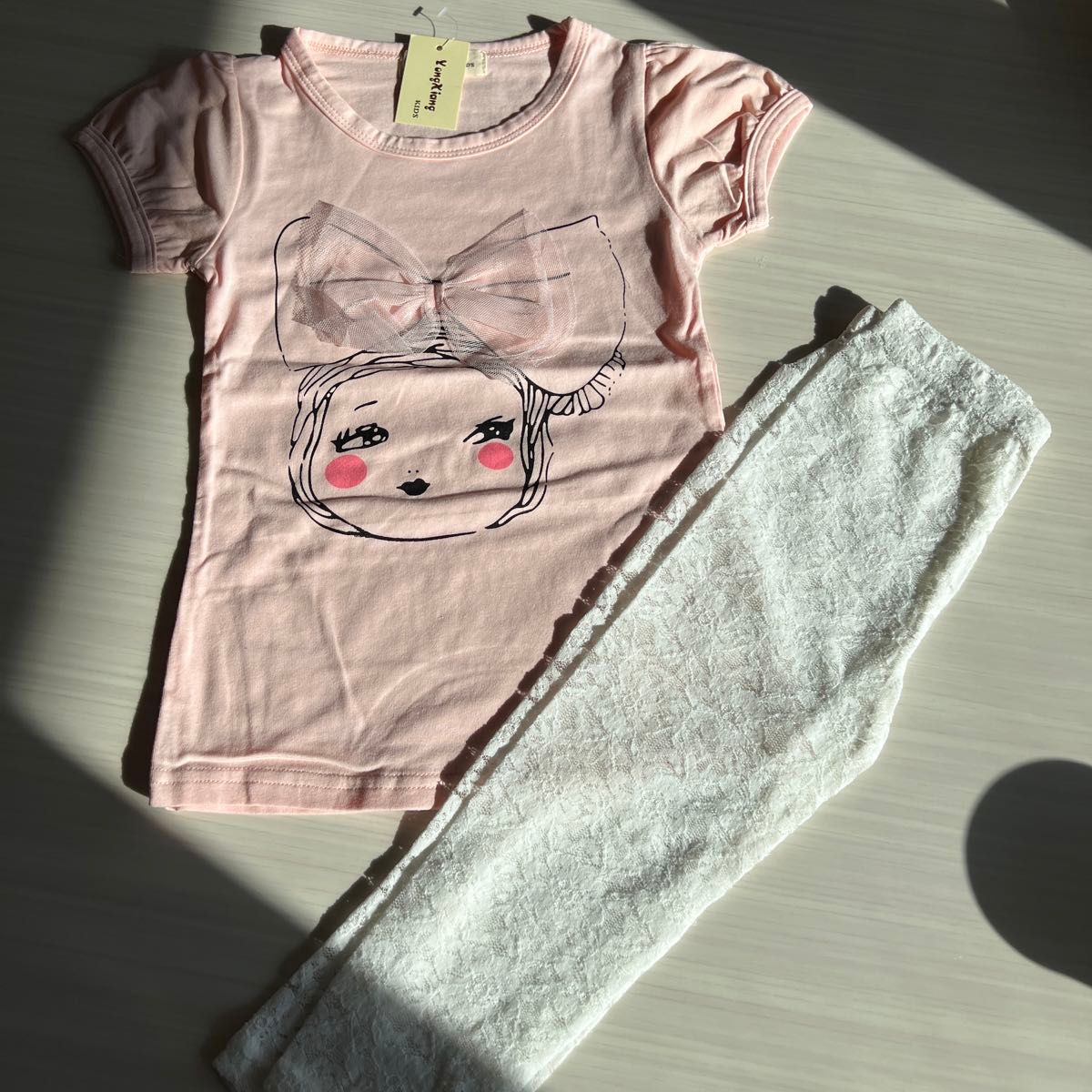 90 100 110 120 新品タグ付き キッズ 女の子 半袖Tシャツ レース レギンス ストレッチ 上下セット 姉妹お揃い