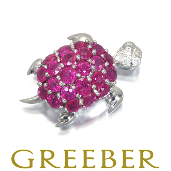 Ruby 2,43CT Diamond Kame Animal Pin Brouch K18WG GenJ