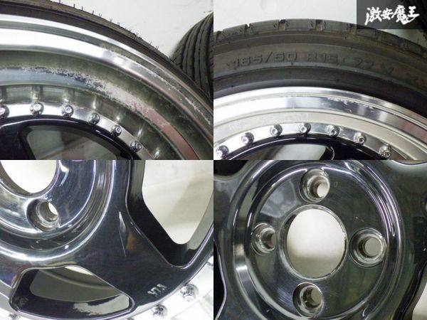 ● 【売り切り】社外 深リム 16インチ 8J ±0 PCD100 4穴 深リム ホイール 4本 黒ポリ + タイヤ 165/50R USDM ヘラフラ bB イスト 棚S-5_線傷 白サビ