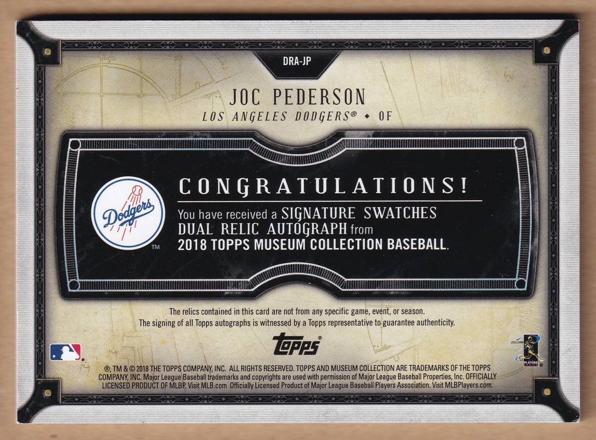 【ジョク・ピーダーソン】２５枚限定 直筆サイン入りパッチカード / 2018 TOPPS MUSEUM COLLECTION DUAL RELIC AUTO 【JOC PEDERSON】_画像2