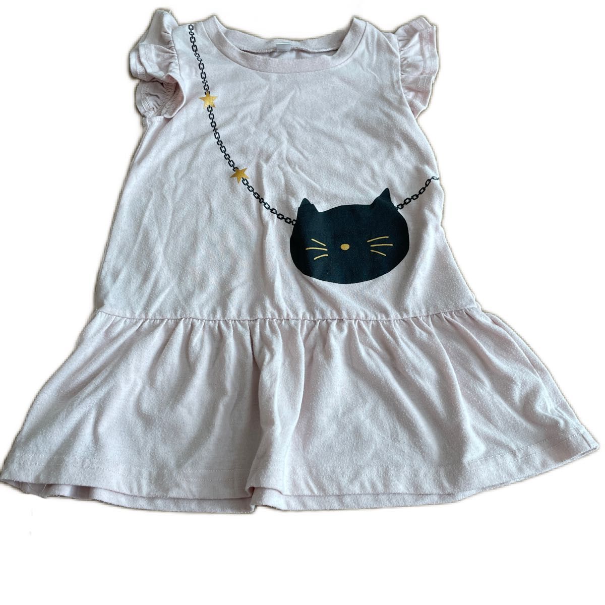 子供服　95　ワンピース　ネコ　ピンク　綿　綿混　バッグ柄　チュニック　フリル 女の子 猫モチーフチュニック