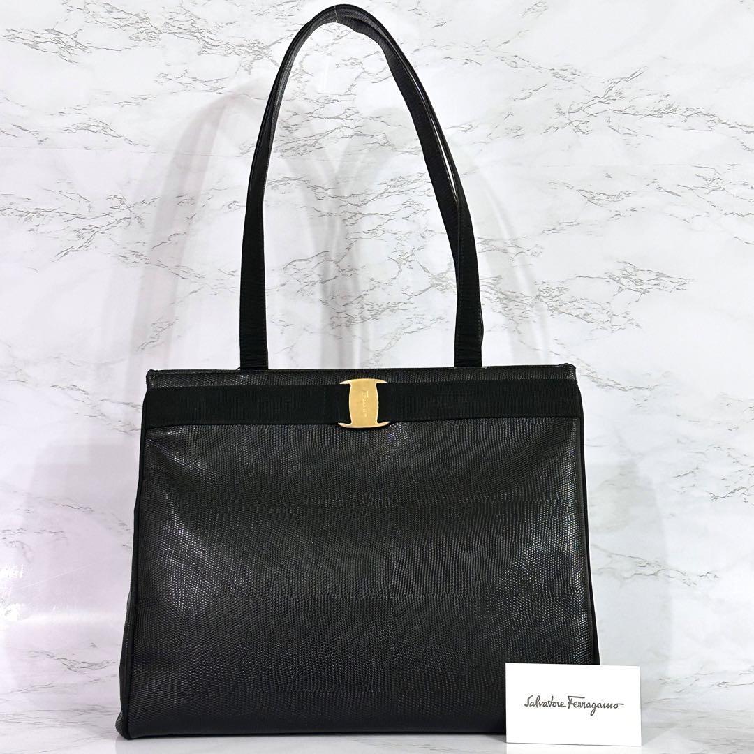 美品 フェラガモ Ferragamo ヴァラリボン トートバッグ ブラック　4439686