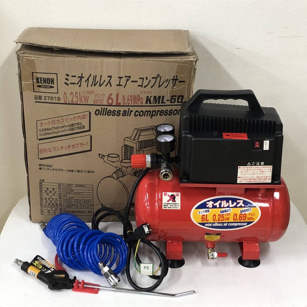 YA018087(024)-155/KK3000【名古屋】KENOH oilless air compressor 27619 KML-60 ミニオイルレス エアーコンプレッサー_画像1