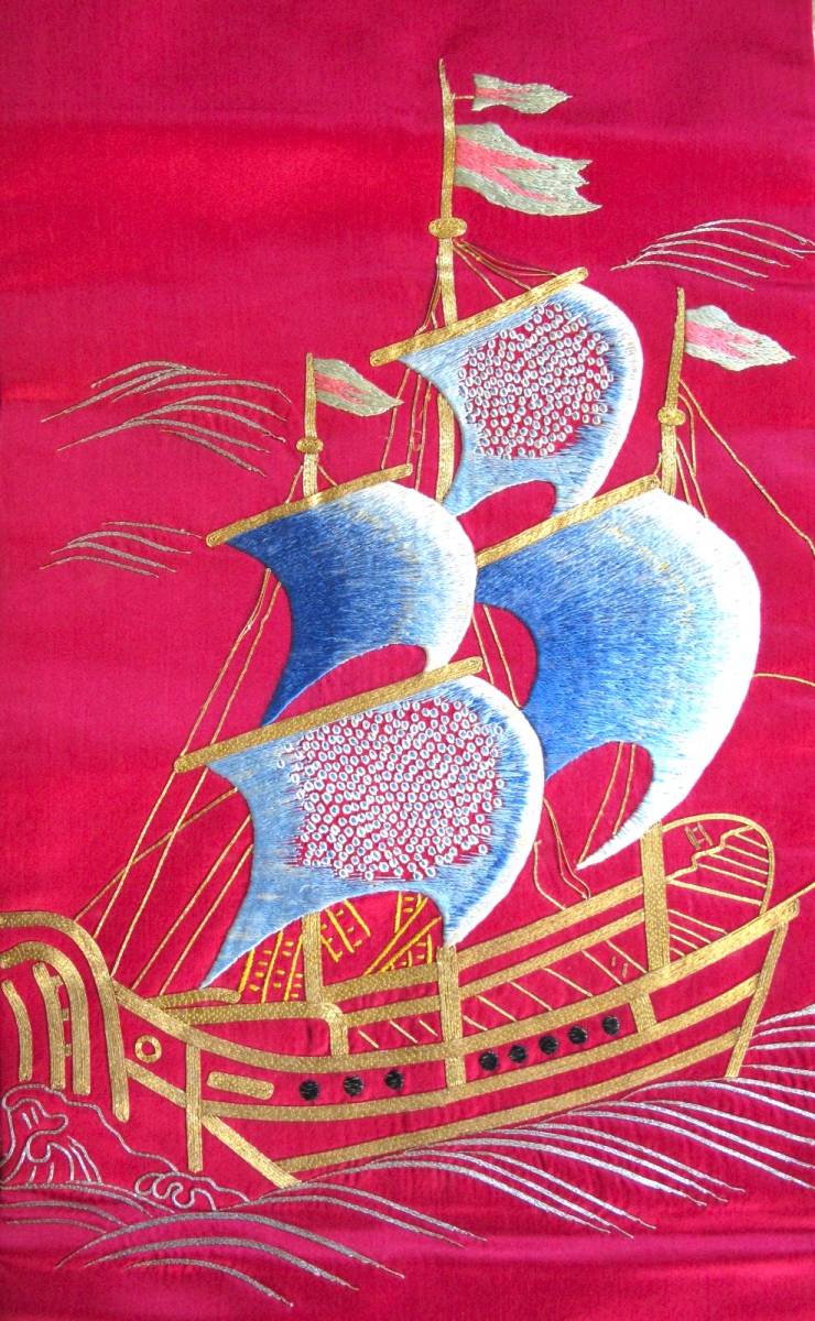 青い帆船　アンティーク総刺繍名古屋帯　金銀駒刺繍_画像3