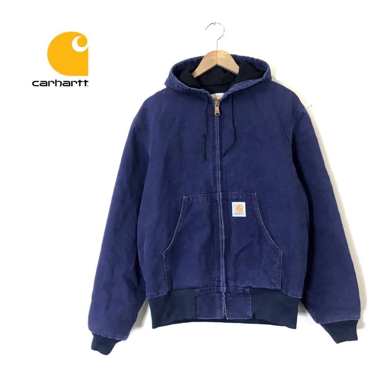 I2163-N◆80s~◆ USA製 carhartt カーハート アクティブジャケット ダック生地 裏地あり フーディー◆sizeM インディゴ コットン 古着_画像1