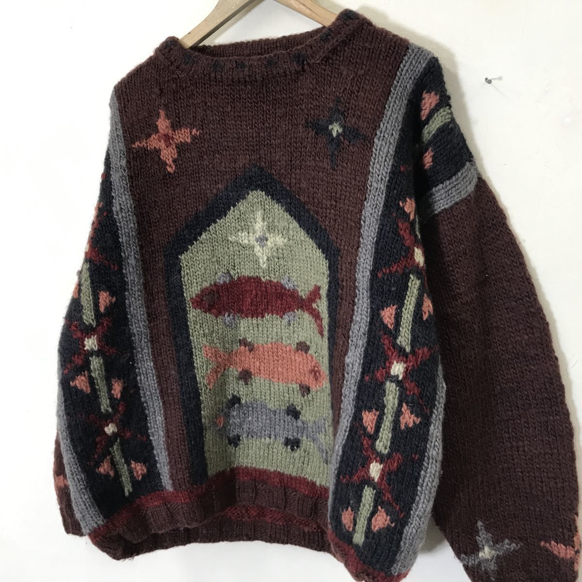 I2142-N◆old◆ HIMALAYAN HAND KNIT ヒマラヤンハンドニット セーター ローゲージ 厚手 ペルー製◆sizeL ボルドー 総柄 ウール100_画像5