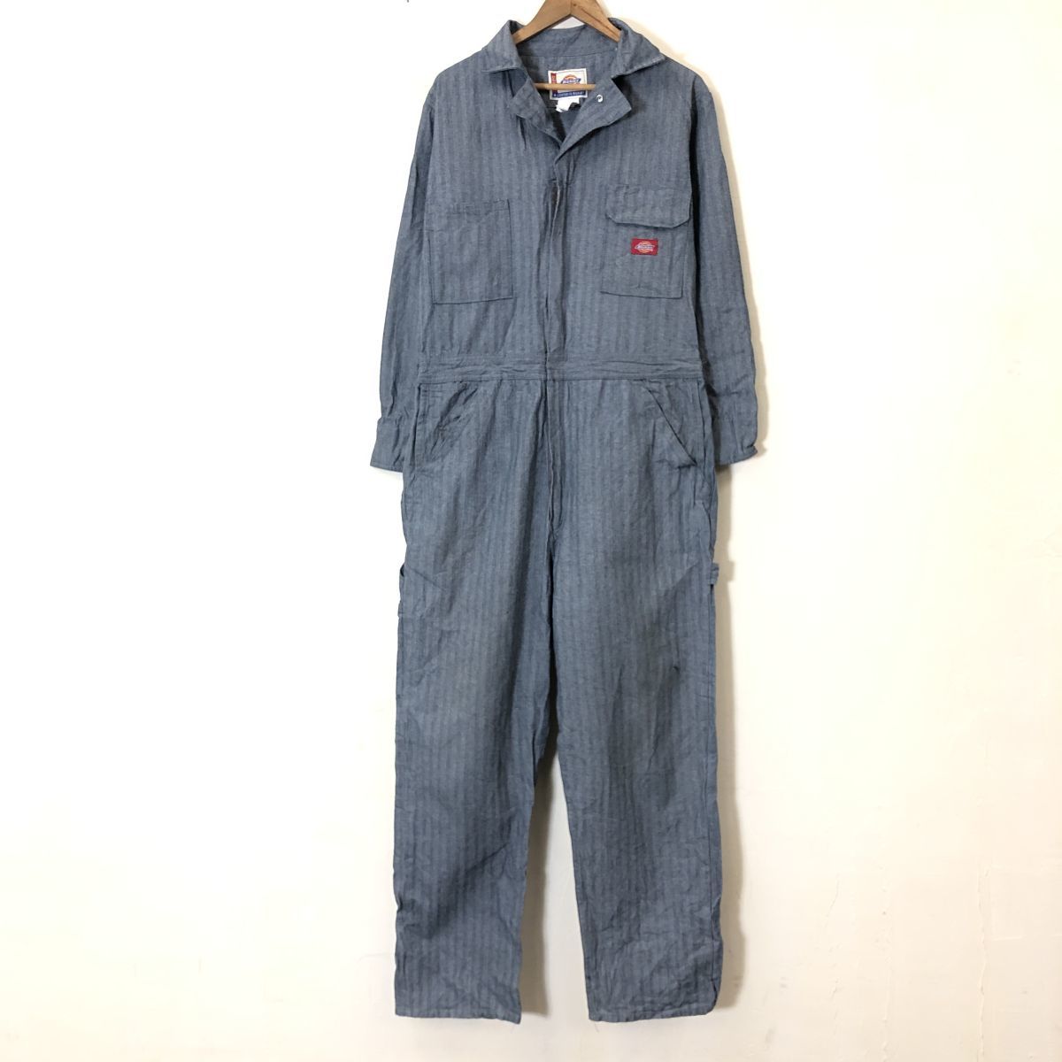 F374-F-N◆ Dickies ディッキーズ フラッシャーストライプカバーオール オールインワン つなぎ ◆ sizeM 綿 ブルー 古着 メンズ 秋冬_画像2