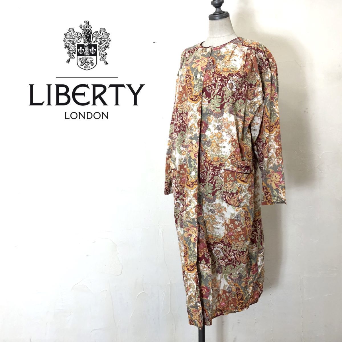 F282-O◆良品◆ LIBERTY リバティ シャツワンピース 総柄 花柄 ノーカラー ロング◆sizeM コットン オレンジ レッド_画像1