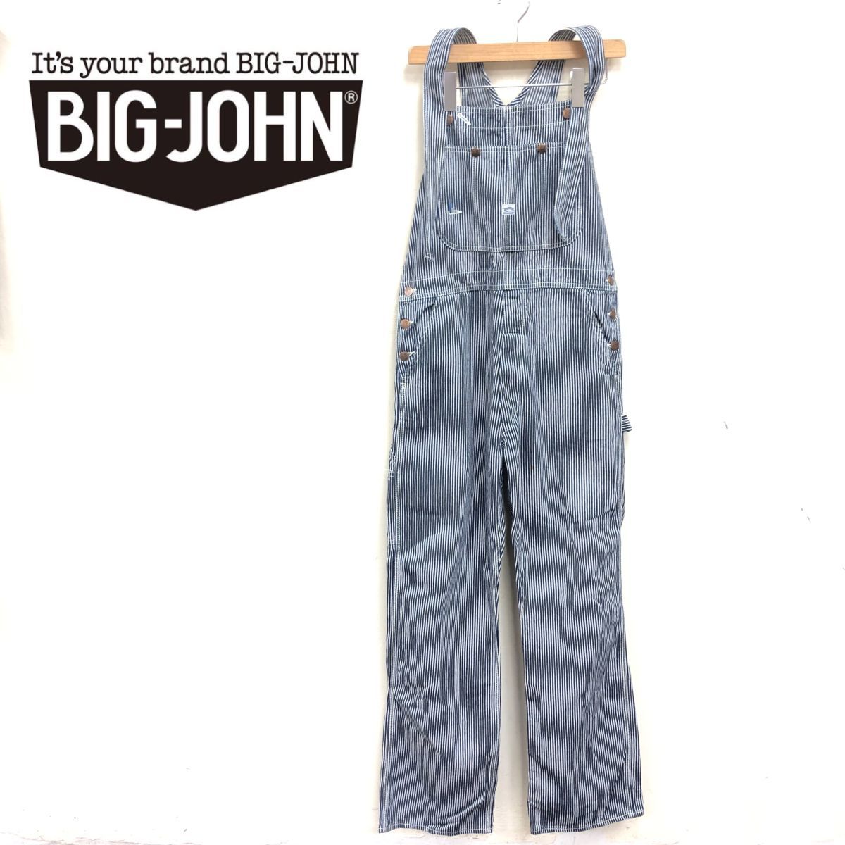 F406-K◆日本製 BIG JHON ビッグジョン ヒッコリーオーバーオール◆size34×33 ブルー 綿100% カジュアル ユニセックス ストライプ_画像1