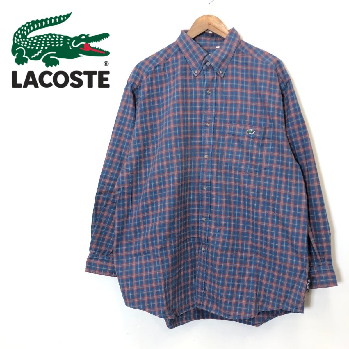 F762-F◆ LACOSTE SPORT ラコステスポーツ 長袖 フランネルシャツ 大きめ ◆ size5 コットン100 ブルー レッド チェック 古着 メンズ 秋冬_画像1