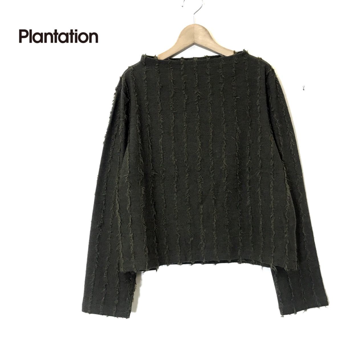 F685-D◆美品◆ plantation プランテーション モヘヤ混 ウールカットソー ニット 装飾 レディース◆sizeM カーキ系 毛 アクリル ナイロン_画像1