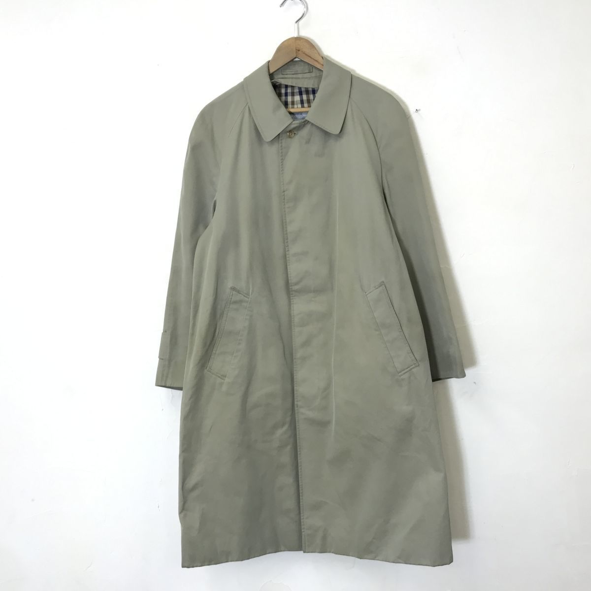 F601-N◆70s~◆ イギリス製 Aquascutum アクアスキュータム ステンカラーコート 比翼 裏クラブチェック 厚手 ◆ ベージュ系 コットン_画像2