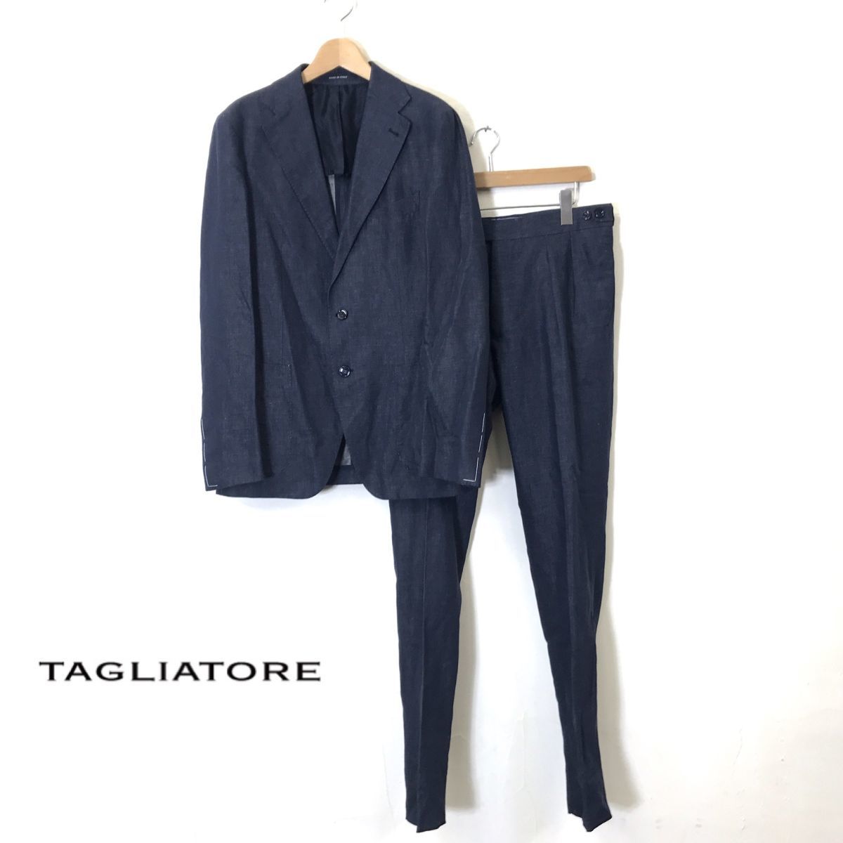 F998-N◆美品◆ イタリア製 TAGLIATORE タリアトーレ セットアップ スーツ リネン混 ジャケット シングル 背抜き◆size48 インディゴ 綿