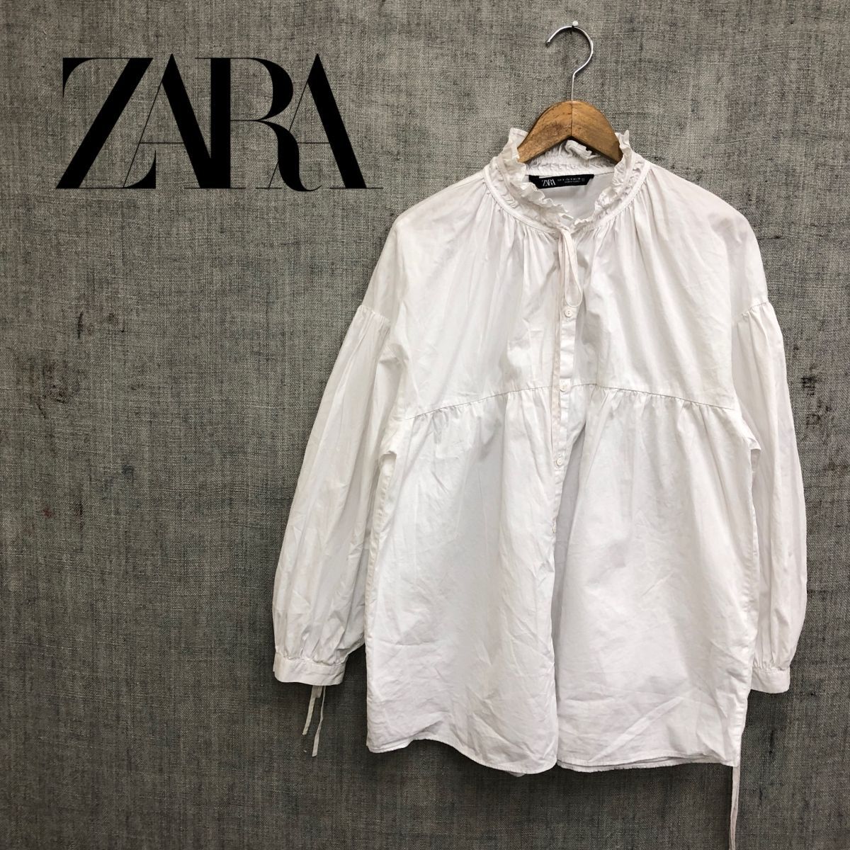 F2123-G◆良品◆ZARA ザラ ブラウス◆sizeS コットン100% ホワイト レディース トップス 長袖 フリル レース リボン シンプル ガーリー 白_画像1