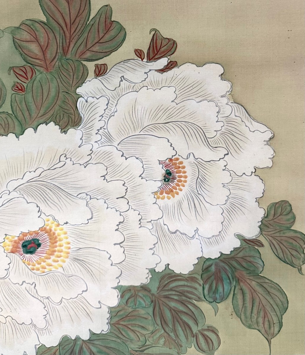 【模写】秀郷「牡丹小禽図」掛軸 絹本 花鳥図 鳥獣 日本画 日本美術 人が書いたもの s020618の画像8
