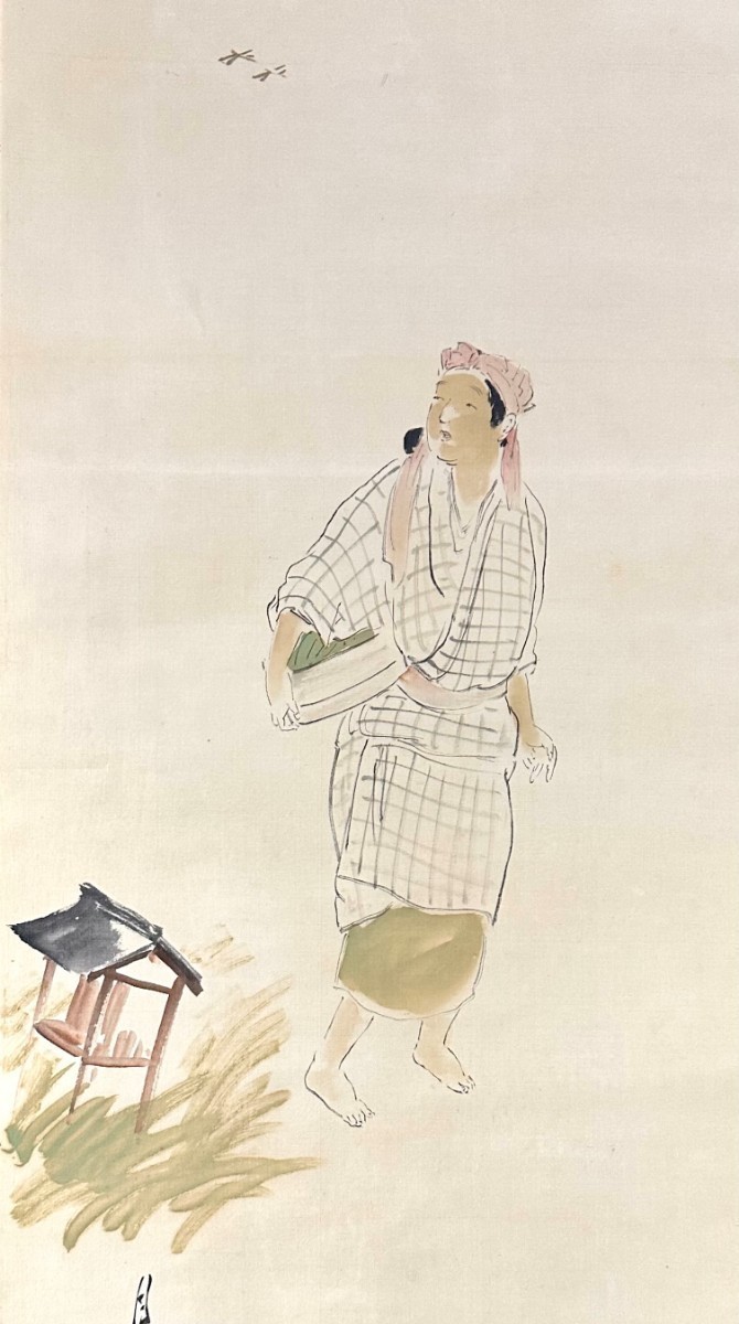 [ genuine work ] tail shape month mountain [ portrait painting ] hanging scroll silk book@ Japanese picture Japan fine art ukiyoe . Japanese picture house tail shape month .... Edo. person k020625