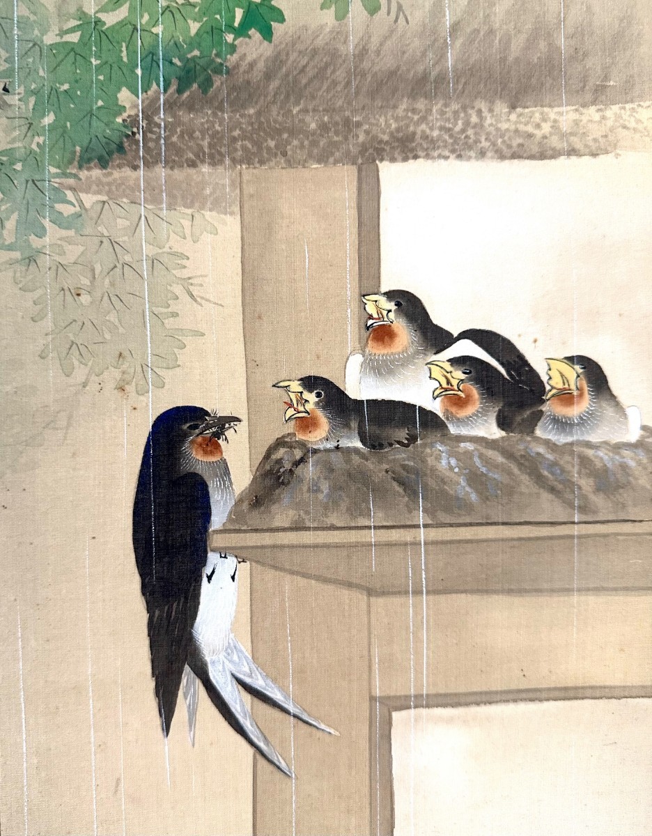 【模写】美鳳「梅雨燕図」掛軸 絹本 花鳥図 鳥獣 日本画 日本美術 つばめ 雛 合箱 人が書いたもの h022215_画像9