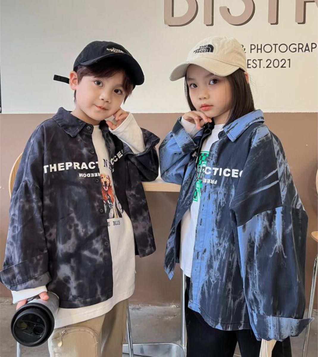 韓国子供服 キッズ ビッグ シャツ タイダイ柄 ブルー ブラック ワイドシャツ 150 男の子 女の子 男女兼用 ストリート 