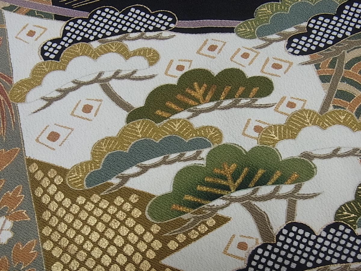  kimono ...* kurotomesode piece . phoenix .. flower writing gold paint silk *n444