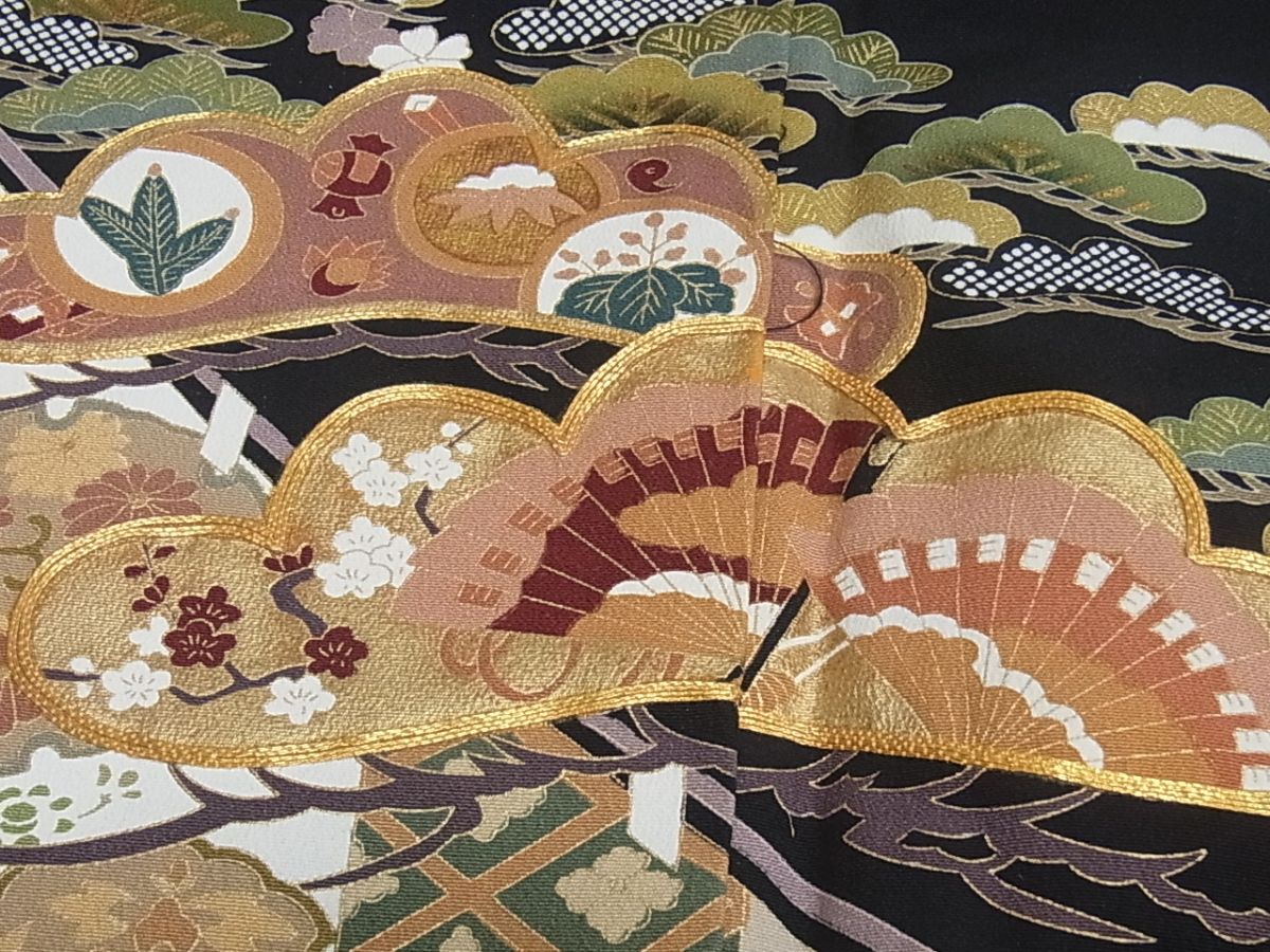  kimono ...* kurotomesode piece . phoenix .. flower writing gold paint silk *n444