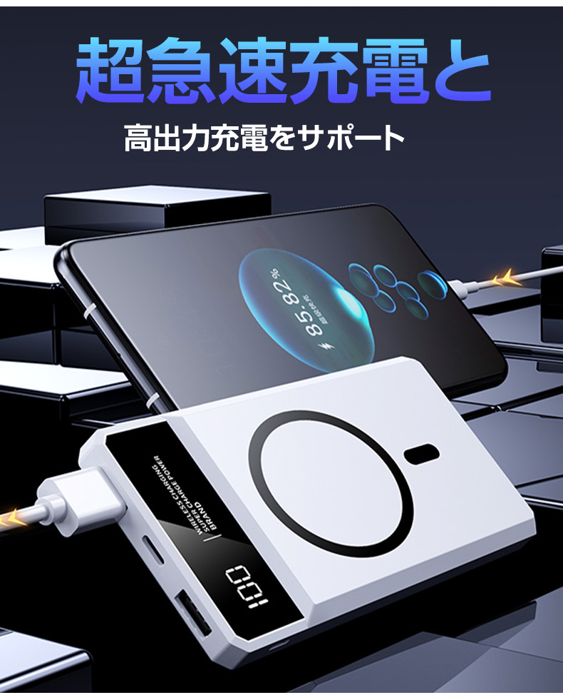 50000mah モバイルバッテリー マグネット式 大容量　急速充電 PSE認証済　携帯充電器　地震/災害用　ワイヤレス充電対応　カラー：ホワイト_画像6