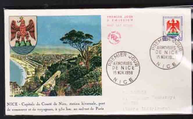 （４８３）外国切手・フランス浮き出し画FDC・１９５８年ニース_画像1