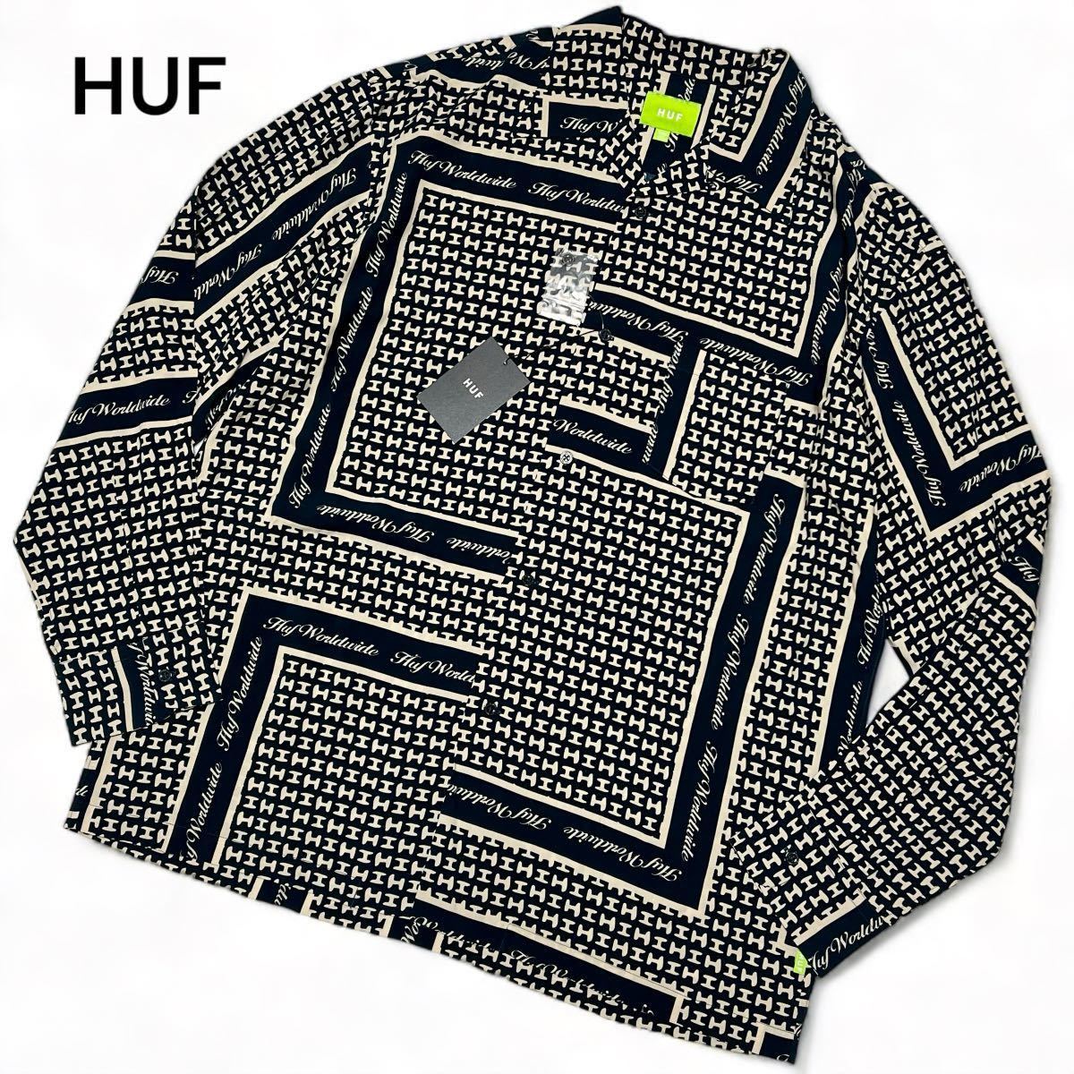 未使用 タグ付き◎XXLサイズ!!ハフ【圧巻のデザイン】HUF 総柄 ロゴ 長袖 シャツ ネイビー×アイボリー 大きいサイズ◎春夏 メンズの画像1