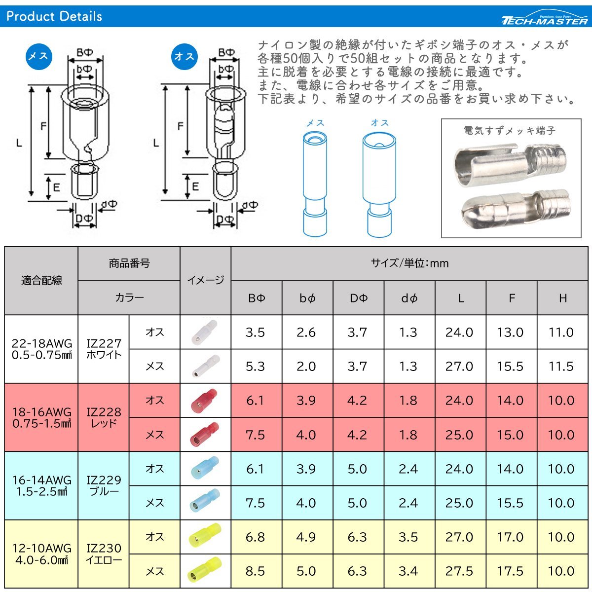 絶縁被膜付き ギボシ端子 オス、メス 各50個セット 18-16AWG レッド IZ228_画像2