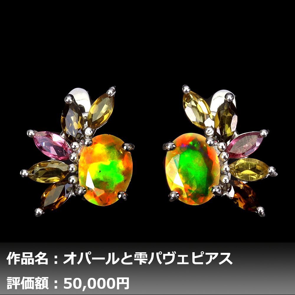 【1円新品】イケゾエガレ｜5.00ct 天然プレシャスオパール&トルマリン ダイヤモンド K14WG仕上ピアス｜作家モノ｜本物保証｜NGL鑑別対応_画像1