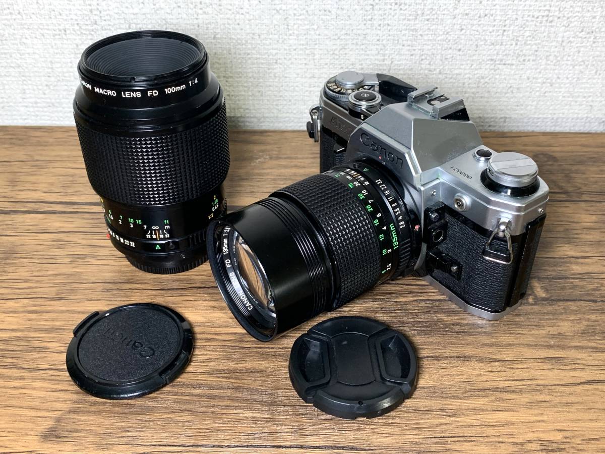 キャノン Canon AE-1 一眼レフフィルムカメラ FD 135mm f/2.8 Macro 100mm f/4レンズ 動作品 シャッター鳴き無し 速度変化 ジャンク扱い_画像2