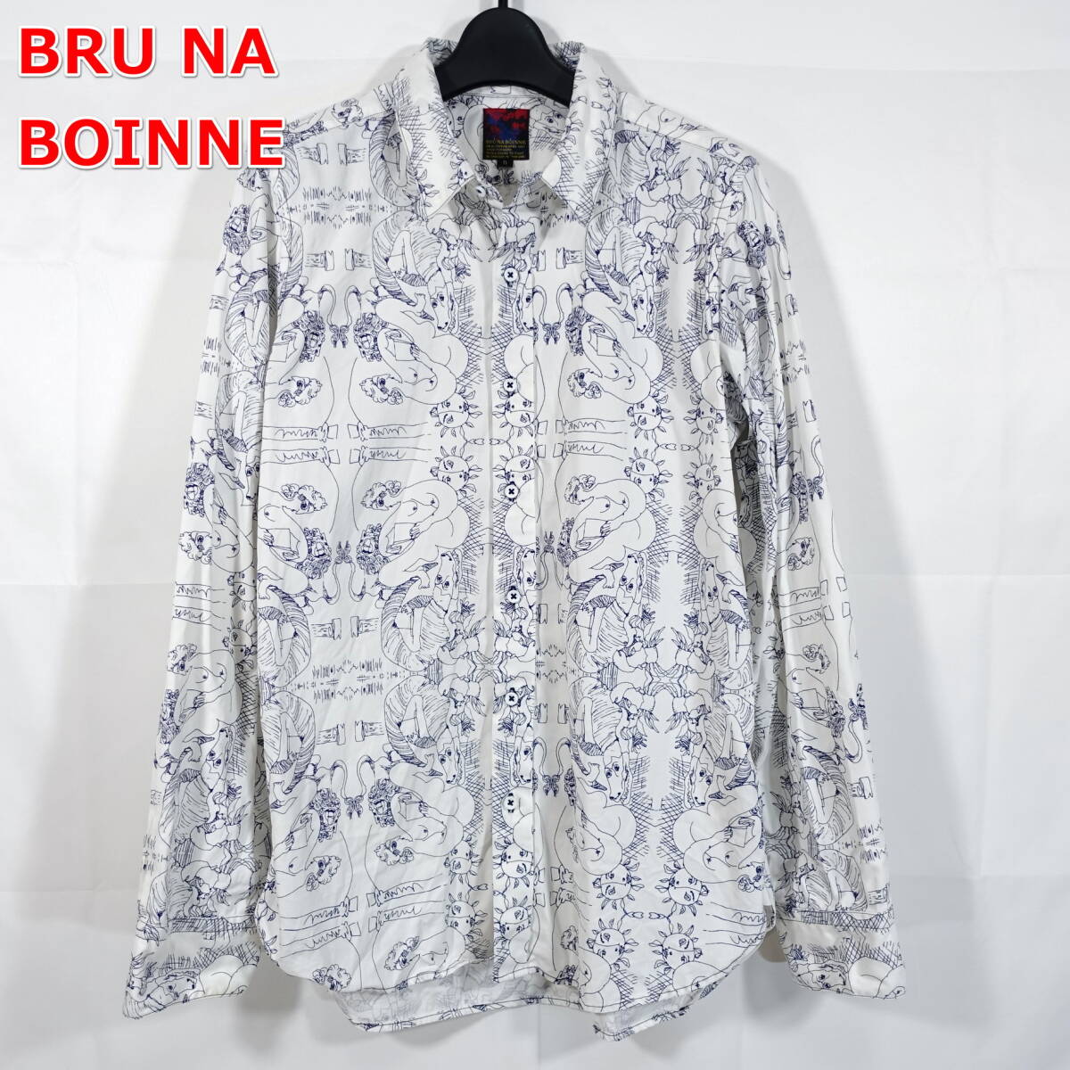 【良品】ブルーナボイン　裸婦とワニ柄シャツ　BRU NA BOINNE　サイズ０（Ｓ相当）　白紺