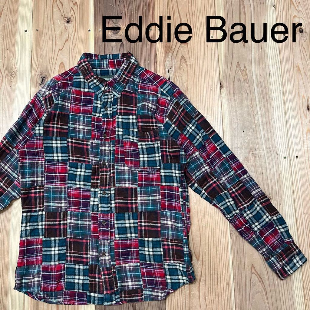 Eddie Bauer エディーバウアー パッチワークシャツ 長袖 コットン ネルシャツ ヘビー サイズM 玉mc2553_画像1
