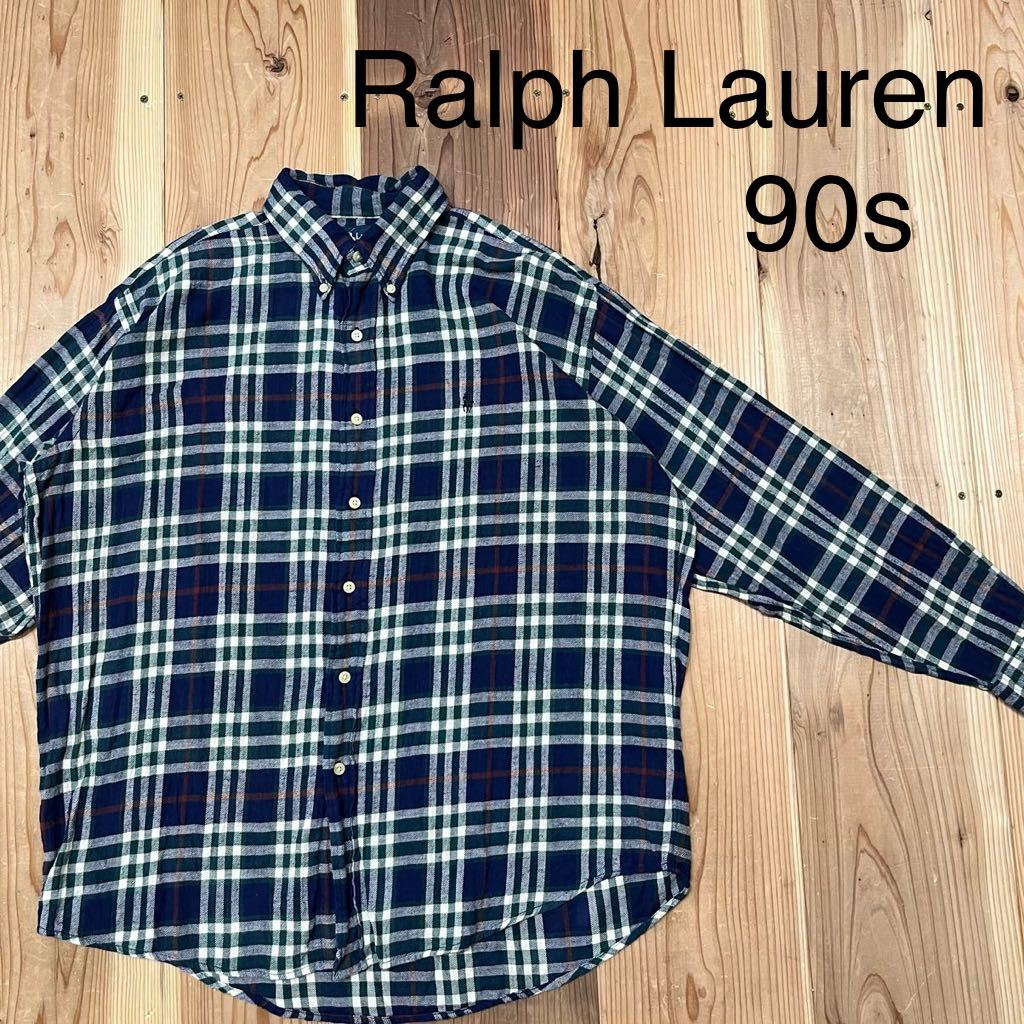 90s Ralph Lauren ラルフローレン ネルシャツ 長袖 ボタンダウン BB USA企画 ヴィンテージ チェック サイズL 玉mc2549