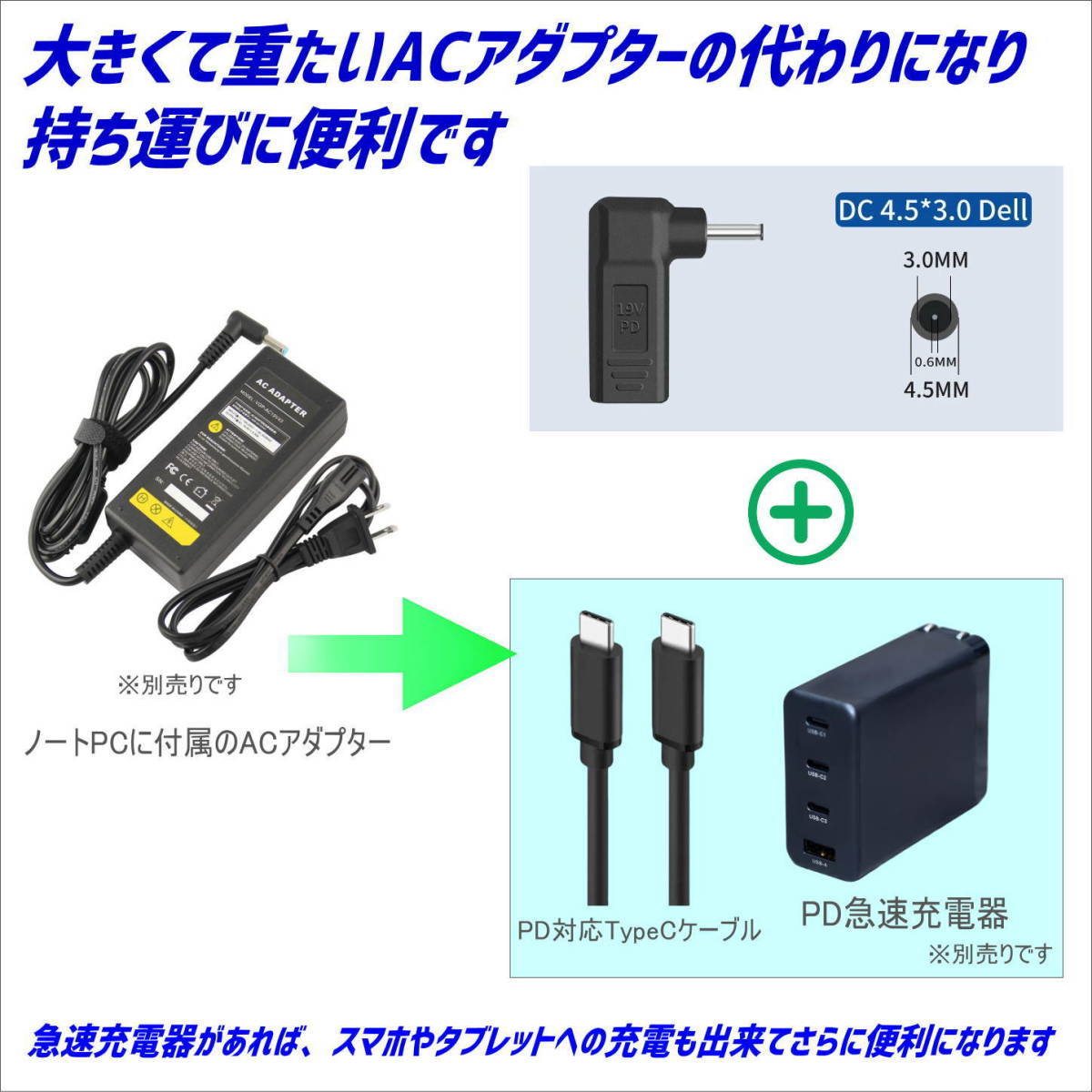 DELL専用 PD充電アダプタ TypeC(メス) → DC(外径4.5mm/内径3.0mm)(オス) トリガー ACアダプタを使わないででノートPCを充電-△_画像3