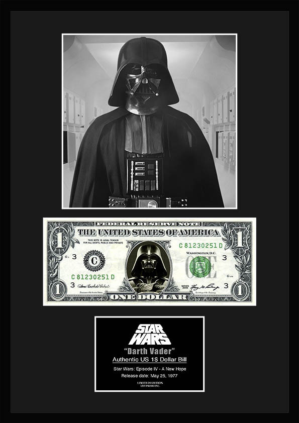 限定!スター・ウォーズ/Star Wars/ダース・ベイダー/Darth Vader/本物USA1ドル札フレーム証明書付き-14の画像1