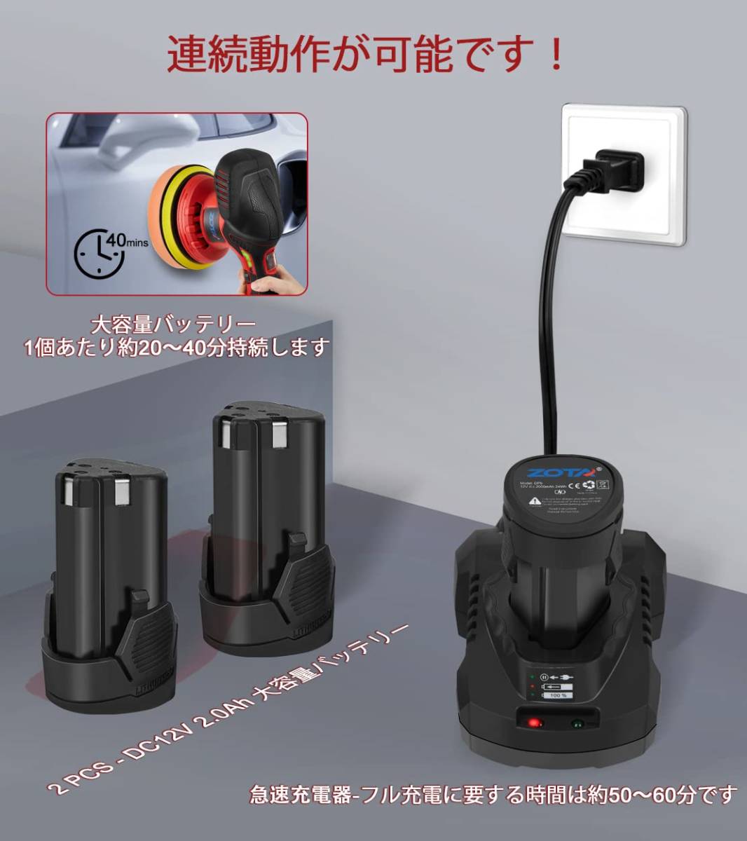 【新品】ZOTA 充電式ポリッシャー 150mm コードレス ダブルアクション 電動 6段変速 急速充電器＆2000mAhバッテリー2個付き_画像3