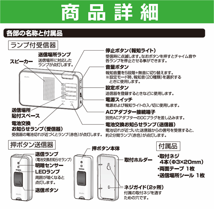 【平日15時まで即日出荷】ELPAワイヤレスチャイム受信器ランプ(EWS-P52×1)押しボタン(EWS-P30×2)防水押しボタン送信機(EWS-P32×2)_画像6