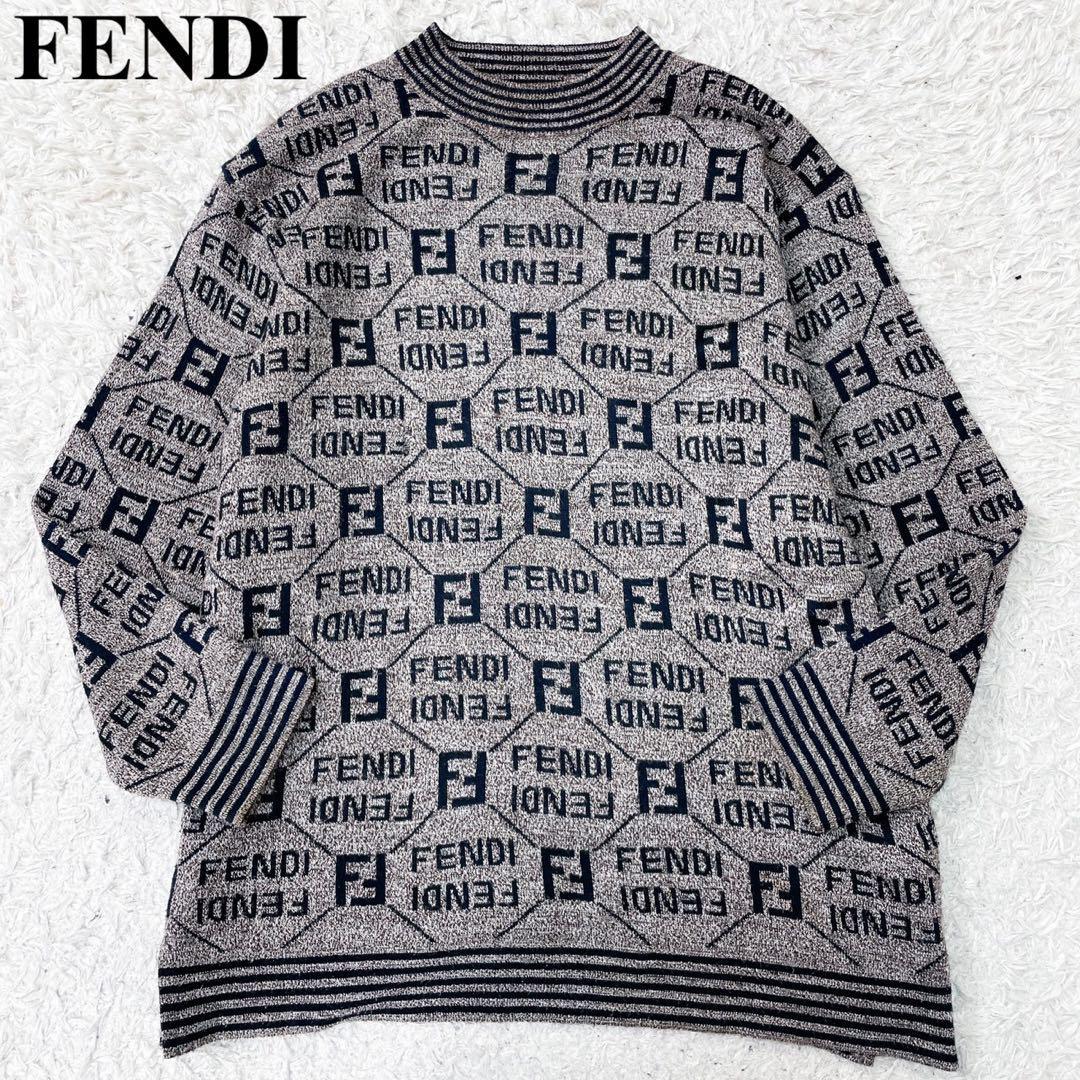 FENDI フェンディ ニット セーター ズッカ ズッカ柄 ズッキーノ ズッキーノ柄 FF柄 総柄 L~XL 大きいサイズ メンズイタリア製 グレー 灰色_画像1