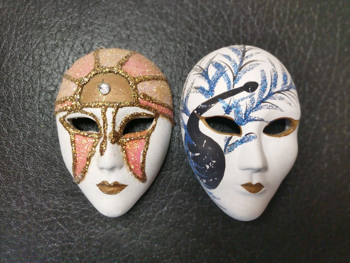【イタリア製】ベネチアカーニバル仮面　舞踏会 陶器オブジェ ミニ  2個セット