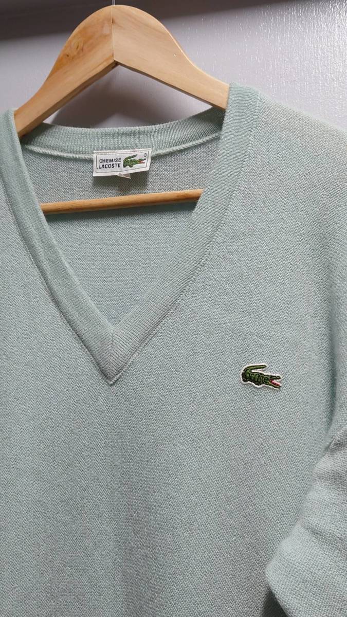 90’s CHEMISE LACOSTE Vネック ウールニット セーター ティファニーブルー サイズ4 文字ワニ_画像3