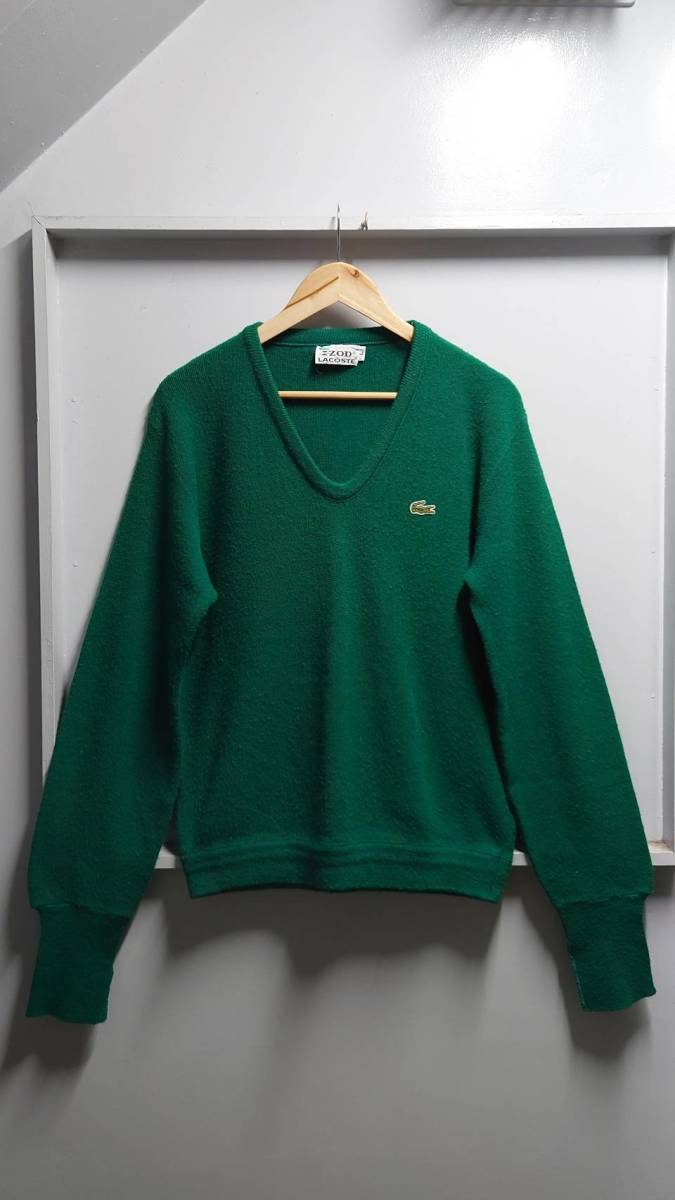 70’s IZOD LACOSTE 糸巻きタグ Vネック アクリルニット セーター グリーン L アイゾッドラコステ