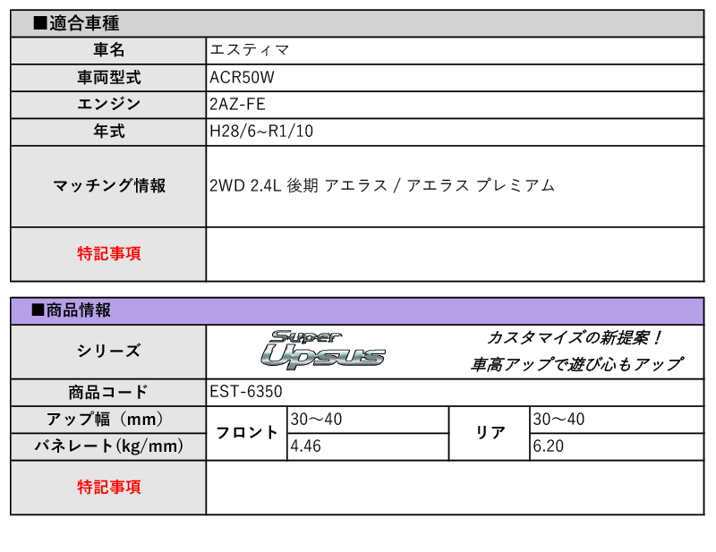 [エスペリア]ACR50W エスティマ_アエラス(2WD 2.4L 後期_H28/6～R1/10)用スーパーアップサス_画像2