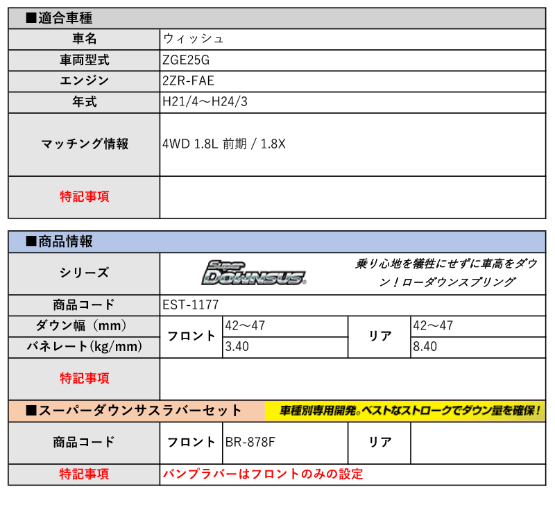 [エスペリア]ZGE25G ウィッシュ_1.8X(4WD 1.8L 前期 _H21/4～H24/3)用スーパーダウンサス＆バンプラバー[車検対応]_画像2