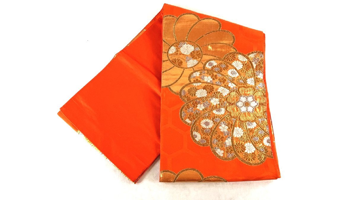 【中古】オレンジ金刺繍 袋帯 女性用 着物 和服 和モダン 幅30cm MG-11_画像2