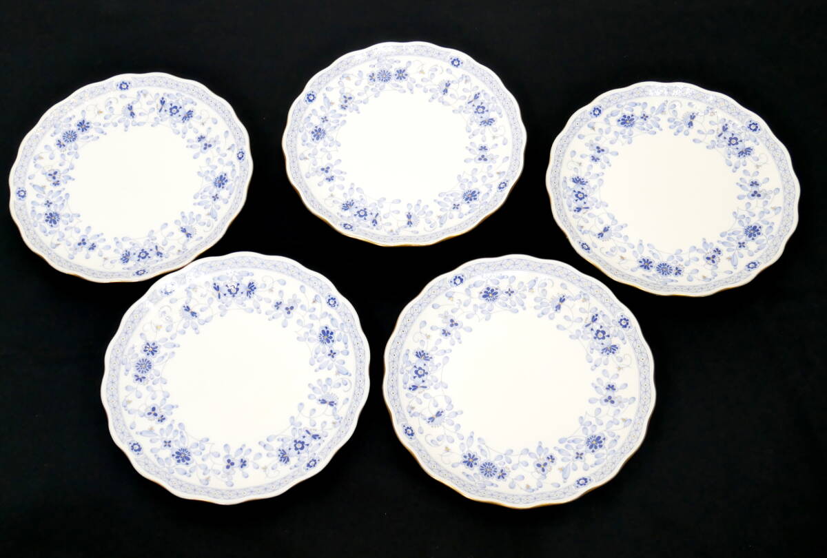▲(R602-B182)NARUMI ナルミ ミラノ 大皿 5枚セット 盛皿 約24cm 金彩 花柄 ブルー_画像5